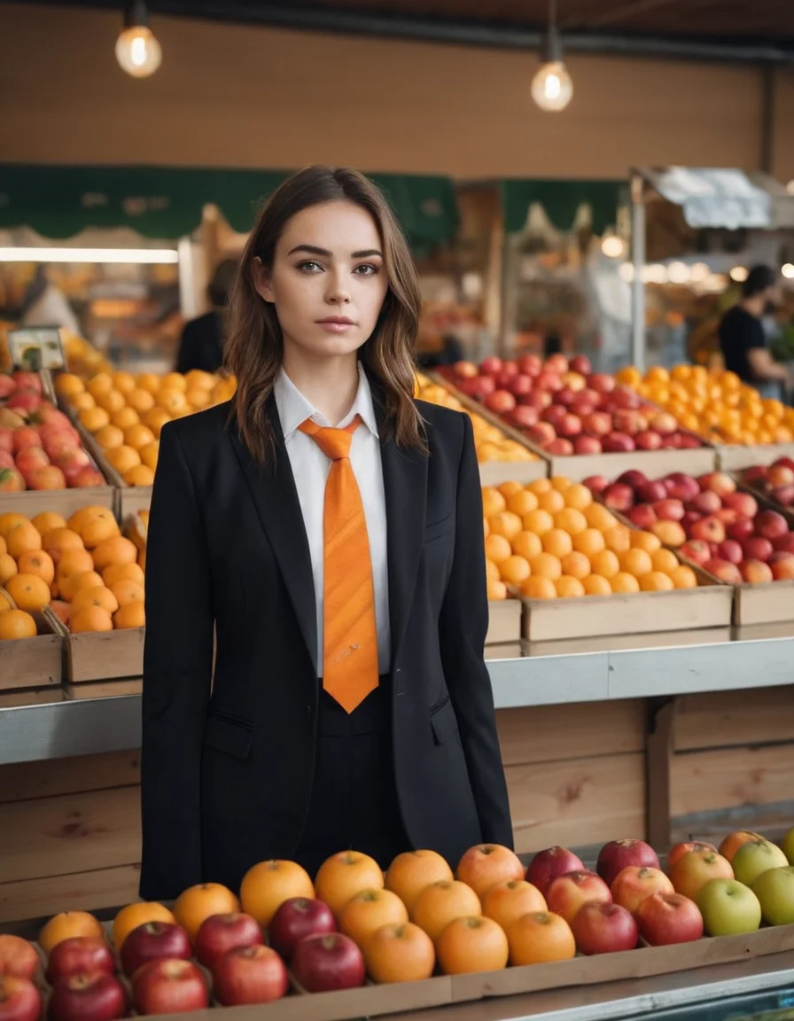 A woman in a stylish black suit with a unique tie stands confidently in front of a vibrant fruit stand, showcasing apples and oranges, Soft, even lighting highlights her features and creates a balanced composition placing her centrally, The fruit stand adds a pop of color and depth to the image, The overall aesthetic focuses on fashion and everyday life,