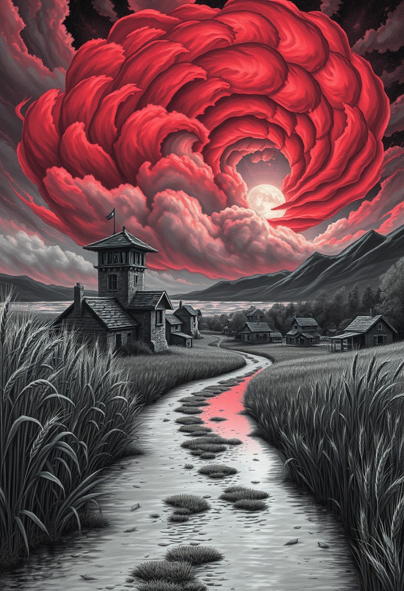 look from downhill river, faraway view , monochrome, best quality, absurd resolution, 26k wallpaper, with hints of red, oil-matte painting, busy skies, circular shape clouds, watchtower, intricate clouds, drawing masterpiece, very tall grass that is bend by the strong wind, night, beautifully crafted architecture, calm and relaxing art, black and white, fantasy village, houses made out of stone and wood with dirt roads, swamp far away, creative perspective, the skies are red, some houses are multi story, detailed wheat field, strong wing bends the tall grass, at the background there is a huge storm coming consuming the calm skies, surreal thunders coming out of that detailed sky, far from a peaceful village, corrupt ground under the storm far away, great sense of scale, mountains to the right side of the frame, UHD, very good quality, slight fog, smooth, sharp