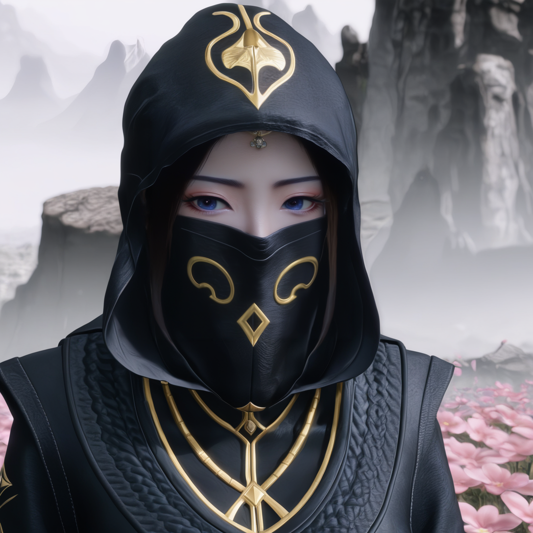 yuanyao,3d,<lora:ponyyuanyao2-000007:1>,full body,the image is a digital illustration of a woman wearing a black hooded cloak with a gold emblem on the front. she is wearing a black leather mask with a gold design on itã the cloak is covering her face and neck,and she is also wearing a gold necklace with a geometric design.  the woman's face is partially obscured by the hood,and her eyes are visible through the mask.  she is standing in front of a mountainous landscape with pink flowers on the left side of the image.  the background is blurred,but it appears to be a cloudy sky.,