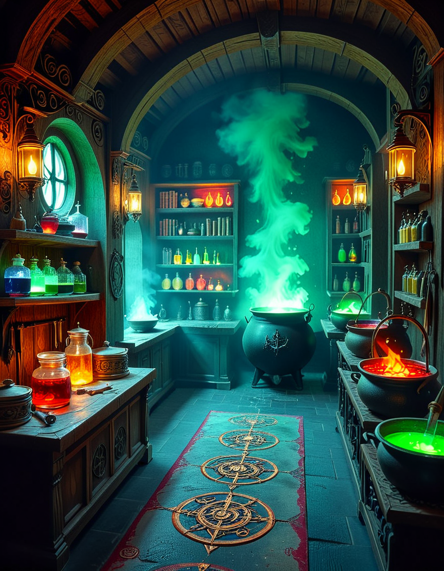 Hidden deep within the necromancerâs infernal domain lies a nightmarish kitchen, a grotesque fusion of alchemical laboratory and sacrificial chamber. The walls are carved from blackened bone and obsidian, pulsating faintly with necrotic energy. Faint green flames flicker in sconces made from twisted skeletal hands, casting eerie shadows across the macabre workspace. The air is thick with the scent of decay, ash, and something far worseâan indescribable aroma of corruption and dark magic.
At the center, a massive butcherâs table, scarred and stained with centuries of dried blood, serves as the primary workstation. Rusted, jagged knives, bone saws, and crude flesh-carving tools hang from hooks, their edges glistening with fresh remnants of something recently prepared. Nearby, grotesque cauldrons bubble with viscous, unnatural liquidsâblack ichor, boiling crimson blood, and glowing green elixirs swirl together, each concoction releasing haunting whispers as if infused with trapped souls.
Suspended from the ceiling, enormous iron hooks hold skinned carcassesâsome humanoid, others unrecognizable abominations stitched together from various creatures. Skeletal constructs, animated by unseen forces, mindlessly tend to the kitchen, stirring bubbling cauldrons and grinding unknown ingredients into fine powders using ancient, rune-etched mortars and pestles.
Along the walls, towering shelves hold disturbing "ingredients" sealed in glass jars: floating, disembodied eyes that track movement, severed hands that twitch sporadically, and writhing black worms that exude a thick, putrid slime. Bundles of dried, withered herbsâsome glowing faintly with infernal energyâhang from the rafters, alongside strips of preserved flesh, their origins best left unspoken.
In one corner, a massive, rune-inscribed oven burns with an unnatural, ghostly blue flame. The heat does not come from firewood but from the tormented souls bound within, their agonized wails fueling its endless infernal blaze. A massive iron cauldron sits atop a cracked stone hearth, where a thick, bubbling stew churnsâits surface occasionally breaking as something beneath struggles, clawing weakly before sinking back into the depths.
This is not a place for feastingâit is a workshop of the grotesque, where ingredients are harvested, flesh is repurposed, and the very essence of undeath is distilled into unholy nourishment. No living creature eats hereâonly the dead, the damned, and the things that should not be.
Style & Mood :
- Dark fantasy, gothic horror, necromantic aesthetics
- Cinematic, high-detail, eerie lighting
- Infernal atmosphere, filled with shadows, glowing green and crimson energy, and grotesque details
- Inspired by the works of ZdzisÅaw BeksiÅski, H.R. Giger, and dark medieval sorcery
<lora:SDXLFaeTastic2400:0.4> <lora:extremely_detailed:0.4> extremely detailed, <lora:mysterious_4lch3my_sh0p:1> mysterious 4lch3my sh0p <lora:nightmarish_k1tch3n:1>,nightmarish k1tch3n, Masterpiece,best quality,hi res,8k,hi res,8k,award winning,(sharp focus, intricate, highly detailed),