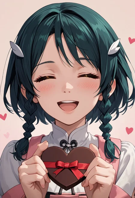 score_4,score_5,score_6,score_7_up,score_8_up,score_9 ((masterpiece,best quality,ultra detailed,highres,HD,4k:1.2)),
1girl, solo,solo focus,girl focus,face focus,
medium hair, dark green hair, braids, two braids, hair ornament,yellow eyes,
pov,from the front, front view, front angle,
Happy Valentine's Day, Valentine's chocolate, holding wrapped chocolate,
heart background,
blush,happy,smile,((closed eyes,open mouth:1.1)),