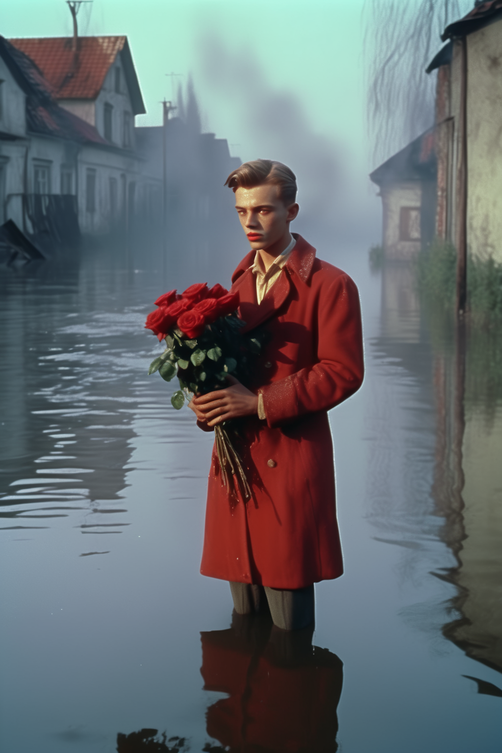 <lora:Director Krzysztof Kieslowski style:1>Director Krzysztof Kieslowski style - young man with a burning Bouquet of burning red roses standing in a flooded town, burning roses, moody lighting, sad young man, flood, natural desaster1950s soviet fairy tale movie, distinctive visual style, using elaborate costumes, sets, and special effects that create a sense of wonder and magic, low budget, practical effects, 65mm film look, Kodak Eastman Color Negative, Agfa Color Negative, Sovcolor Negative, and Orwo Color Negative, Aleksandr Ptushko, Aleksandr Rou, and