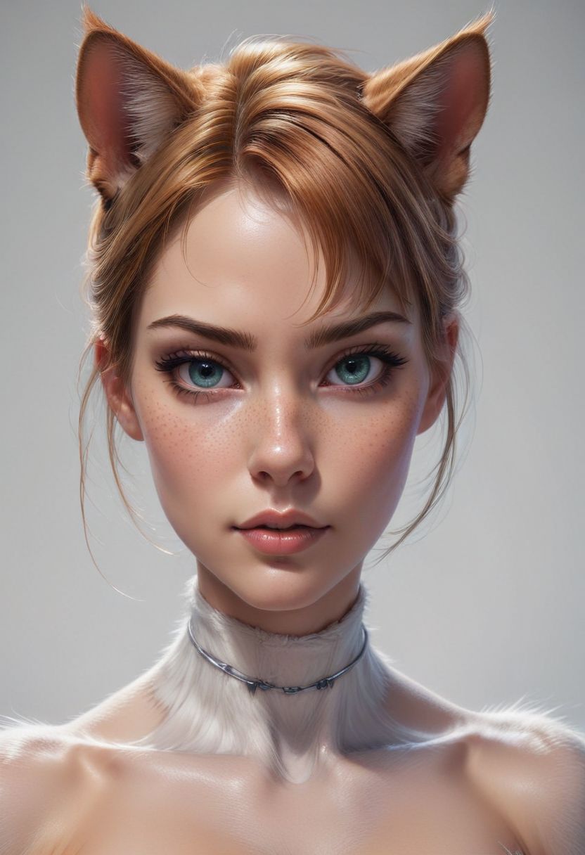 Anna as a cat, seductive pose, fur body, whiskers, philtrum, style of stanley artgerm, artgerm style, white background, simple background