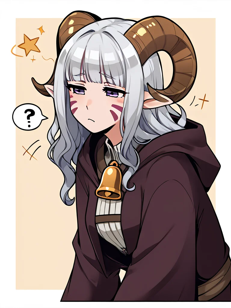 <lora:seeing_stars:1> @ @, seeing_stars:1.5, sitting, confused:1.3, half-closed eyes, source_anime, source_furry, score_7_up, rating_safe, portrait, gold necklace, tiefing, short pointed ears, brown horns, (a pair of brown sheep Horns that begin at her temples and curve back: 1.5), bangs, long silver hair long wavy hair, pale skin, <lora:whisker_markings:0.8> whisker_markings pointy ears, purple eyes, <lora:age_slider_v4:0.6> medium breasts, skinny female, silver hair, <lora:Tieflingnew weird fantasyDND:0.3> Tiefling, pointed ears, horns, <lora:Smooth Style 2 SDXL_LoRA_Pony Diffusion V6 XL:0.5> bell, robe, hood off, <lora:Nanoless_Artist_Style_PonyXL:0.3> focus on head, >:,
