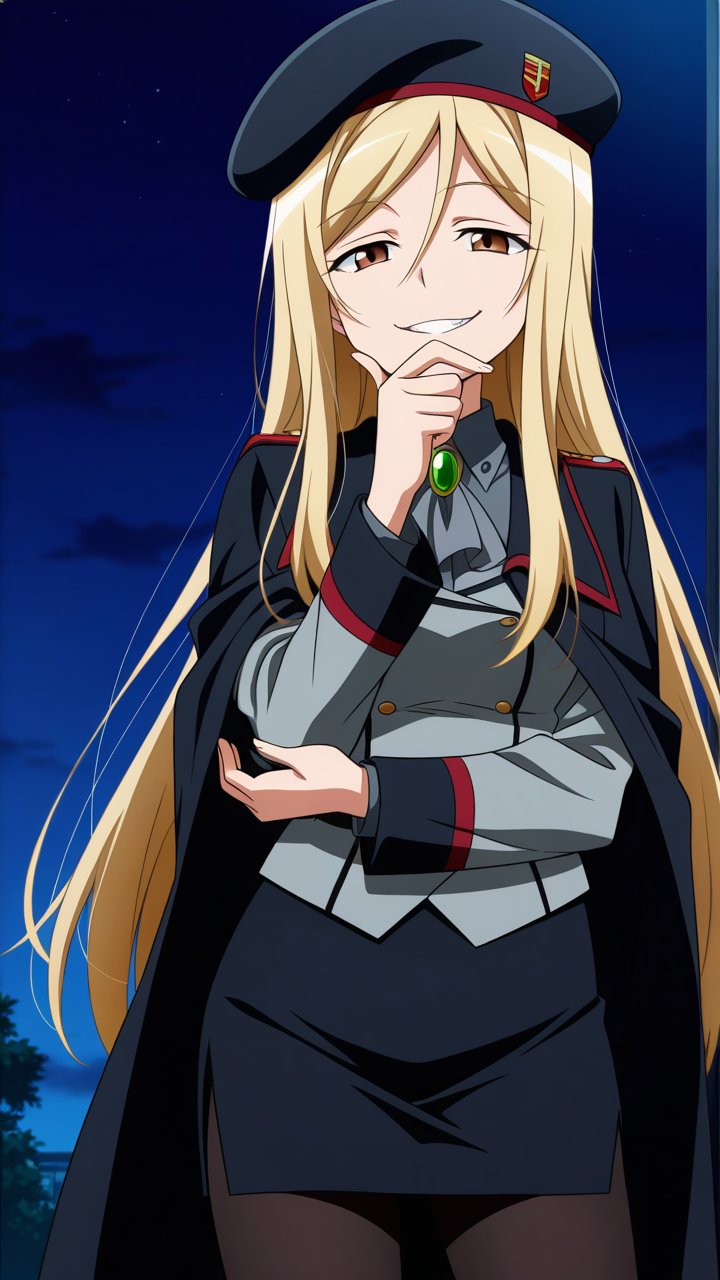 solo, smile, thinking, hand on own chin, night, evil smile, evil grin, looking at viewer,, masterpiece, best quality, amazing quality, very aesthetic, absurdres, newest, anime screencap, <lora:takanoILM:1>, takano miyo, long hair, very long hair, blonde hair, parted bangs, brown eyes, hair between eyes, military, military uniform, hat, beret, black cape, green brooch, green gemstone, black skirt, grey shirt, collared shirt, grey ascot, green ribbon, pantyhose, black pantyhose, pencil skirt, side slit, tight clothes,