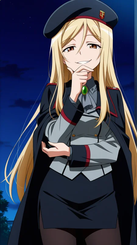 solo, smile, thinking, hand on own chin, night, evil smile, evil grin, looking at viewer,, masterpiece, best quality, amazing quality, very aesthetic, absurdres, newest, anime screencap, <lora:takanoILM:1>, takano miyo, long hair, very long hair, blonde hair, parted bangs, brown eyes, hair between eyes, military, military uniform, hat, beret, black cape, green brooch, green gemstone, black skirt, grey shirt, collared shirt, grey ascot, green ribbon, pantyhose, black pantyhose, pencil skirt, side slit, tight clothes,