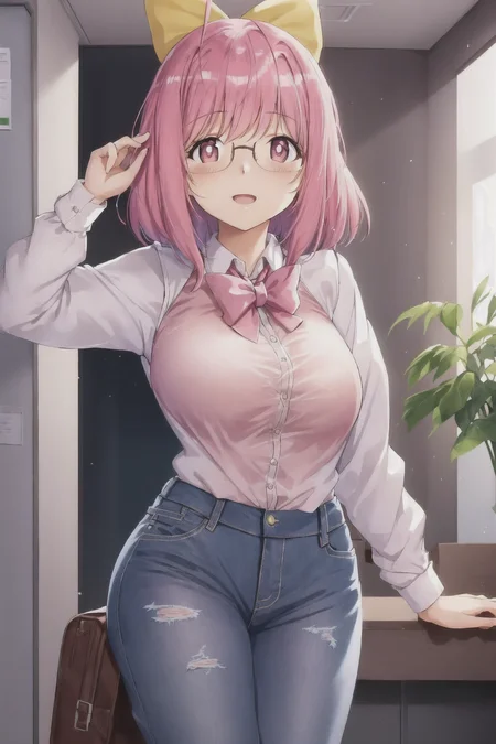 nakagawa kanon, white pupils, pink hair, hair ribbon, large breasts, office, office lady, glasses, jeans, white button shirt, sleeveless, 1girl, solo, <lora:Kanon V3:0.6>