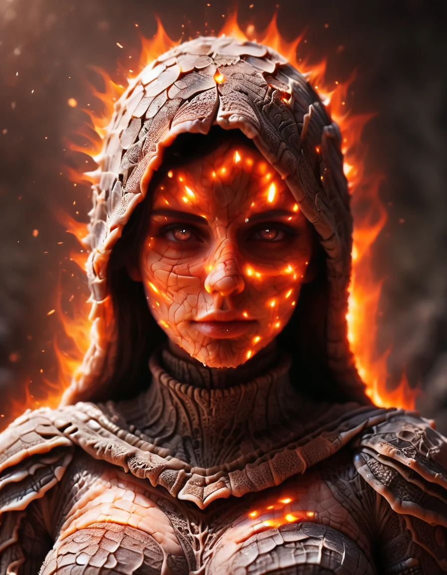 A dark ghostly female silhouette. Divinity of Fire. Cracked skin. light armor. Dark armor. Cracked armor. Canvas hood. Basalt. Lava flow. Seductive and dangerous. Burn inside. Glowing eyes. Bokeh blur <lora:ral-clsdszkn:1> ral-clsdszkn