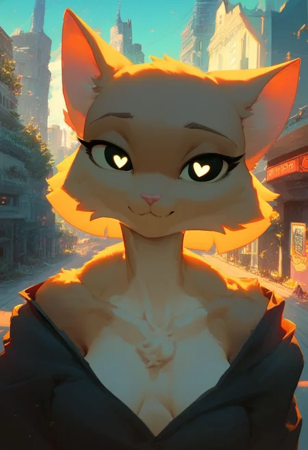 score_9, score_8_up, score_7_up, beautiful portrait of katia managan looking at viewer, glowing eyes, cat girl, furry, black eyes, heart shaped pupils, collarbones, highly detailed, jewerly,
city background, hrd, masterpiece, best quality