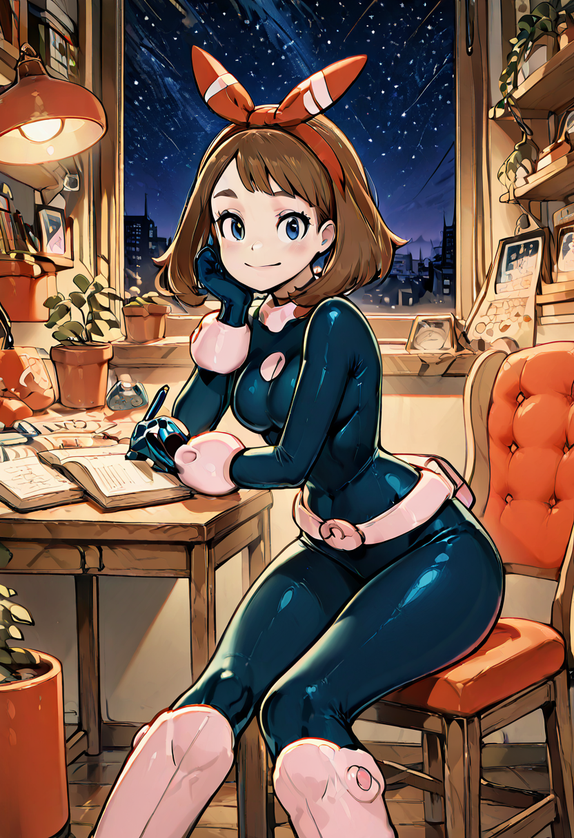 masterpiece, best quality, 1girl, eyelashes, (beautiful eyes), looking at viewer, smile, narrow waist, wide hips,  sitting,  zzMayOchako, blue eyes, brown hair, medium hair, red hairband, knee boots, belt, bodysuit,   (foreshortening),  ,<lora:MayOchakoPokemon_IXL:1.0>, , zzLofi, sitting, side view, desk, chair, book, bookshelf, head rest, holding, holding pen, lamp, night, open book, pen, plant, potted plant, sky, star (sky), starry sky, window, windowsill, writing, <lora:LofiGirl_Style_IXL:0.8>,