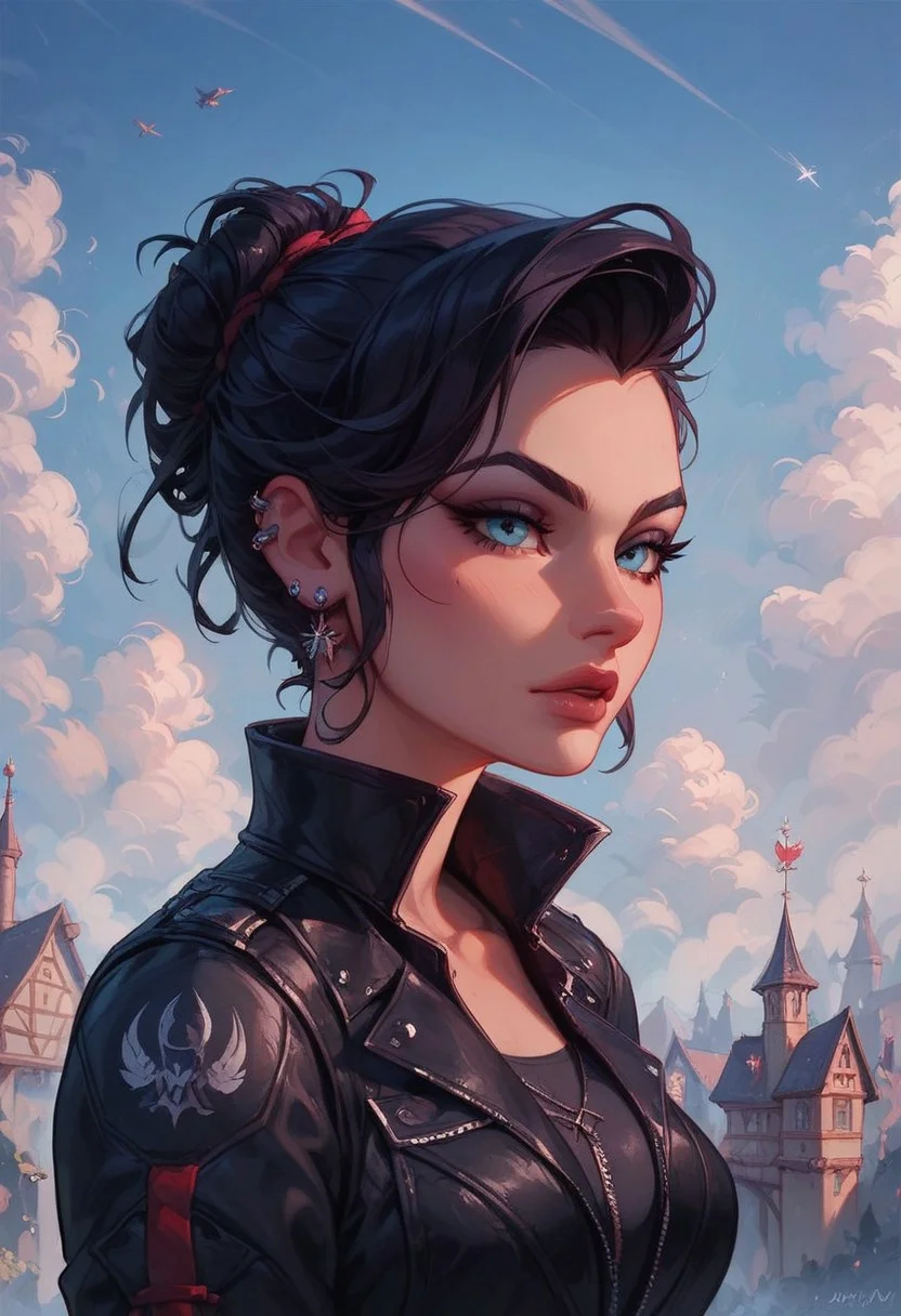 score_9, score_8_up, score_7_up, score_6_up, 1girl, solo,
A mysterious DnD assassin cloaked in shadow, with short, jet-black hair styled in a tousled, practical cut, and piercing crimson eyes glowing faintly. She wears a fitted black leather outfit adorned with subtle silver accents, designed for stealth and agility. Her expression is calm and calculating, exuding deadly precision. Twin daggers are sheathed at her hips, and a faint trail of smoke swirls around her. The background is a moonlit rooftop overlooking a medieval city, with stars glimmering faintly in the night sky.