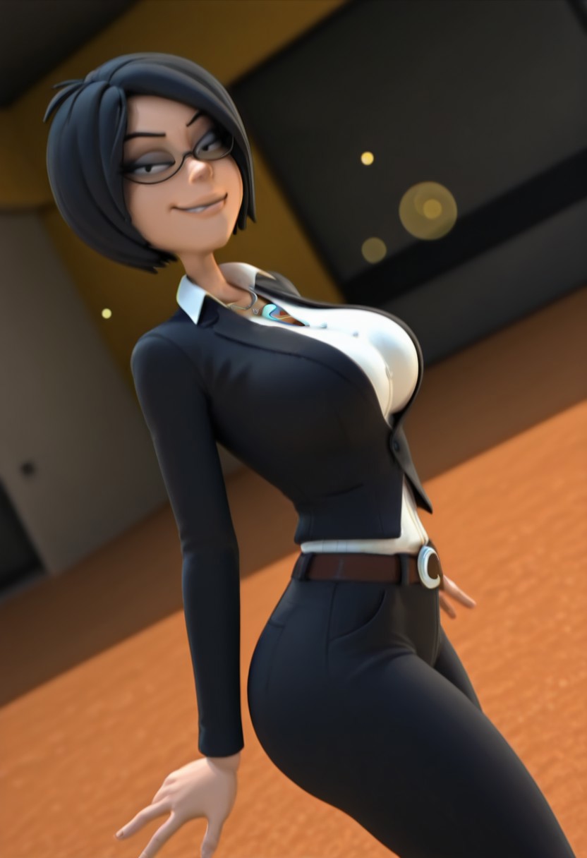 ChaseLB, 1girl, solo, short hair, black hair, bangs, black eyes,  full lips, large breast, large butt, thick thighs, glasses, necklace with crescent, formal suit, black jacket, white shirt, belt with crescent, black pants,
,seductive pose, sexy pose, tease, 
masterpiece, best quality, fine details, intricate details, depth of field, subsurface scattering, bokeh,
 ultra-detailed, very aesthetic, detailed background, newest, scenery, highres, absurdres, colorful, vibrant, glowing, perfect face, 2d, perfect eyes,  vibrant saturated colors, volumetric lighting, sharp, detailed eyes, perfect anatomy,  perfect face, perfect eyes, mature body, clear eyes, beautiful eyes, athletic, curvy body, athletic girl, perky tits, perfect tits, round breasts, pinup pose, teasing, lustful expression, perfect hands, 
muscular female, dutch angle,  dynamic pose,
naughty smile,  dat ass, ass focus,
,Smooth Negative, Smooth_Quality,