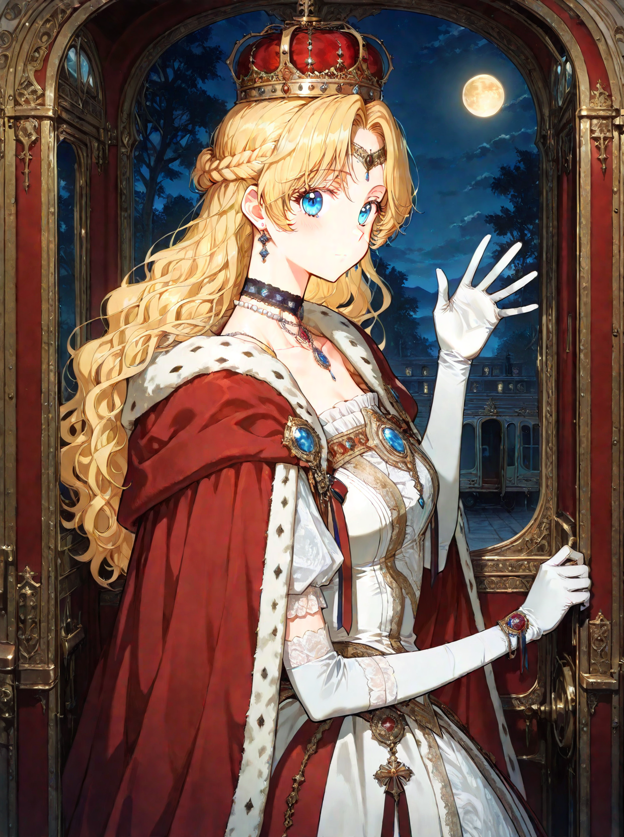 <lora:Athanasia_r1:1>
1 girl, solo, princess, blue eyes, blonde hair, long hair, wavy hair, french braid, bangs, parted bangs
white dress, necklace, collarbone, earrings, choker, gem, jewelry, red cape, crown, bracelete, pearl necklace, white gloves, elbow gloves,
score_9, score_8_up, score_7_up, source anime, BREAK, cowboy shot, (from side), looking back, looking at viewer, inside a carriage, waving, exterior, background, (solo), perfect hands , night, golden moon, <lora:iLLMythG0thicL1nes:1>