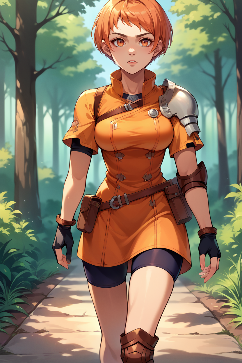 score_9, score_8_up, score_7_up, score_6_up, source_anime, BREAK 1girl, solo <lora:leonie-pdxl-nvwls-v1-000005:1> hopesLeonie, short hair, single shoulder pad, orange hair, orange eyes, orange dress, short sleeves, short dress, black gloves, fingerless gloves, elbow pad, pouch, medium breasts, forest, walking, night