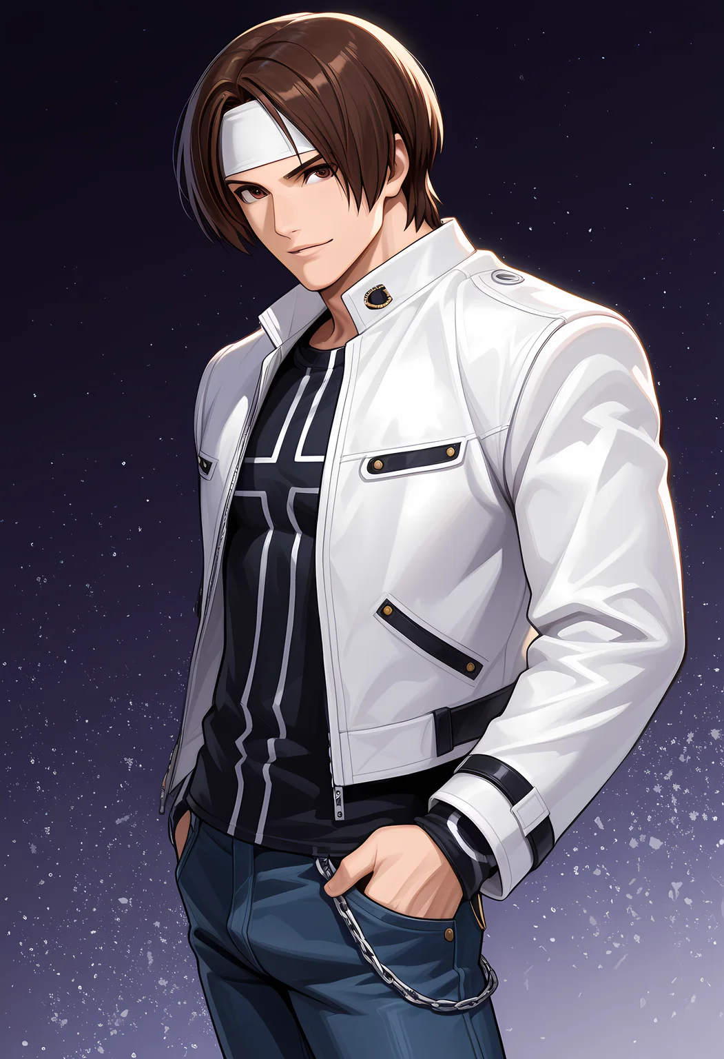 masterpiece, best quality, amazing quality, dutch angle, abstract background, BREAK
1boy, solo, male focus, kof_kyo, brown hair, curtained hair, white headband, brown eyes, white biker jacket, black shirt, jeans, wallet chain, BREAK
<lora:cfg_scale_boost:.6> <lora:Kyo_Kusanagi_-_The_King_of_Fighters_-_ILXL:1>