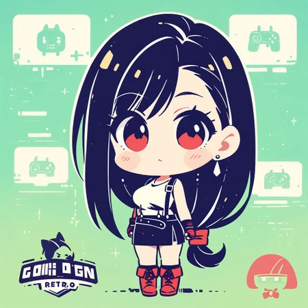 masterpiece, best quality, very aesthetic, absurdres,
1girl, long hair, chibi,
tifa lockhart, low-tied long hair, white tank top, black miniskirt, red boots, suspenders, green background,
(simple retro design, logo, manga style, 2tone),