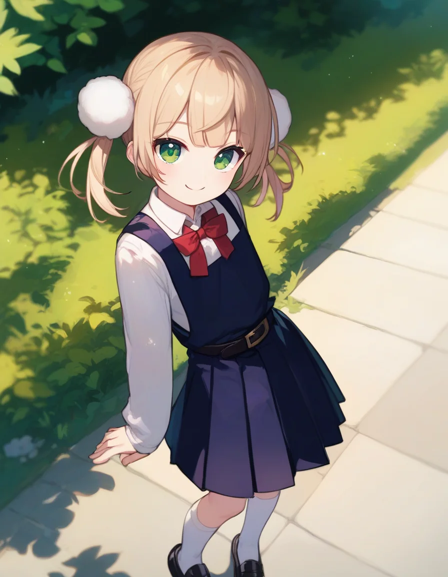 score_9,score_8_up,score_7_up,score_6_up BREAK official art,solo,outdoors,upper body,looking at viewer,facing viewer,smile,aged down,child,shigure ui (vtuber),short hair,light brown hair,twintails,pom pom hair ornament,hair intakes,bangs,green eyes,school uniform,red bow,collared shirt,white shirt,long sleeves,belt,black dress,sleeveless dress,pleated dress,pinafore dress,flat chest,kneehighs,white socks,black footwear,uwabaki,<lora:Shigure Ui(vtuber)-Pony:1.4>,<lora:Smooth Anime Style LoRA XL:0.8>,