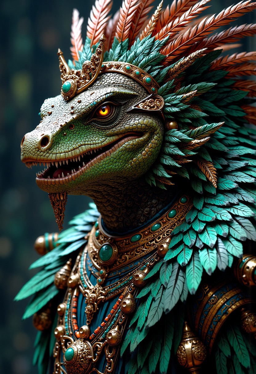 mythp0rt, A closeup view of an atmospheric and powerful dark fantasy, natural organic and impressionist classical-style painting of a feathered serpent priest with scales that shimmer between emerald and sapphire. A crown of vibrant quetzal feathers frames a reptilian face with slitted golden eyes and ceremonial scarification. A forked tongue tastes the air between fangs adorned with gold leaf. An elaborate collar of jade, obsidian and bone rests on coiled muscles, engraved with glyphs that seem to move when not observed directly.