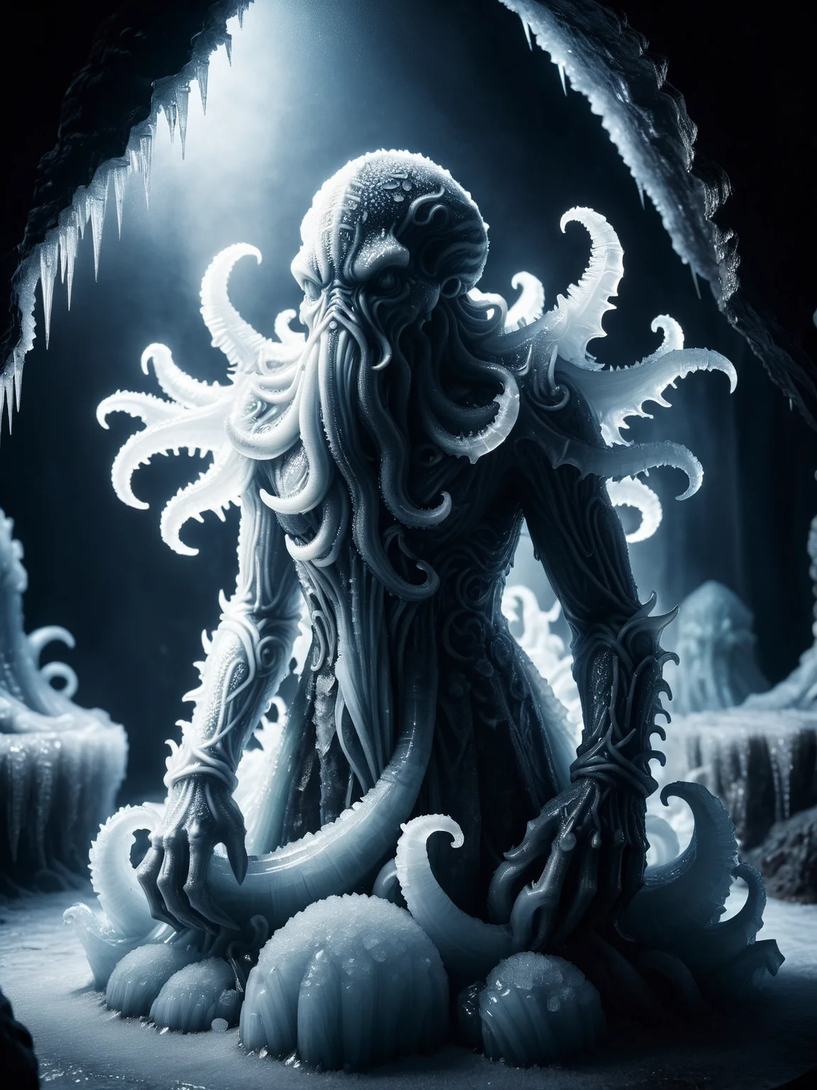 dark cavern cthulhu statue made of mad-ice, misty, cinematic shot, dramatic lighting <lora:Ice_SDXL:0.8>, raw photo, film grain, Fujifilm XT3, (photorealistic, realistic:1.2), deep shadow, 8k, uhd, dslr, ultra high res