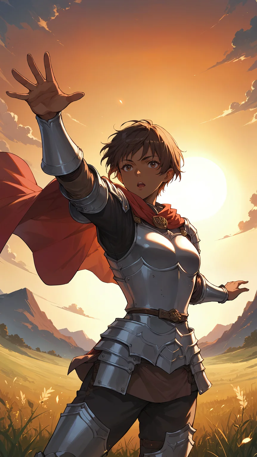 score_9,score_8_up,score_7_up,score_6_up, <lora:xl_more_art-full_v1:0.5>, source_anime, girl, dynamic pose, outstretched hand, <lora:Casca - Pony-000004:0.8>, short hair, brown hair, dark skin, brown eyes, armor, breastplate, shoulder pads, armor, red cloak, open field, sunset,