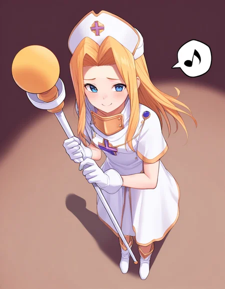 <lora:topmint_SDXL_Illustrious01_fp16_ver01:1>,ToPmint, 1girl, solo, hat, long hair, blonde hair,blue eyes, gloves,dress,cross,panicking,from above,staff,full body, boots,nurse cap,long skirt,forced smile,spoken musical note, masterpiece, best quality, very aesthetic, absurdres,<lora:detailed_hands:1>,hand