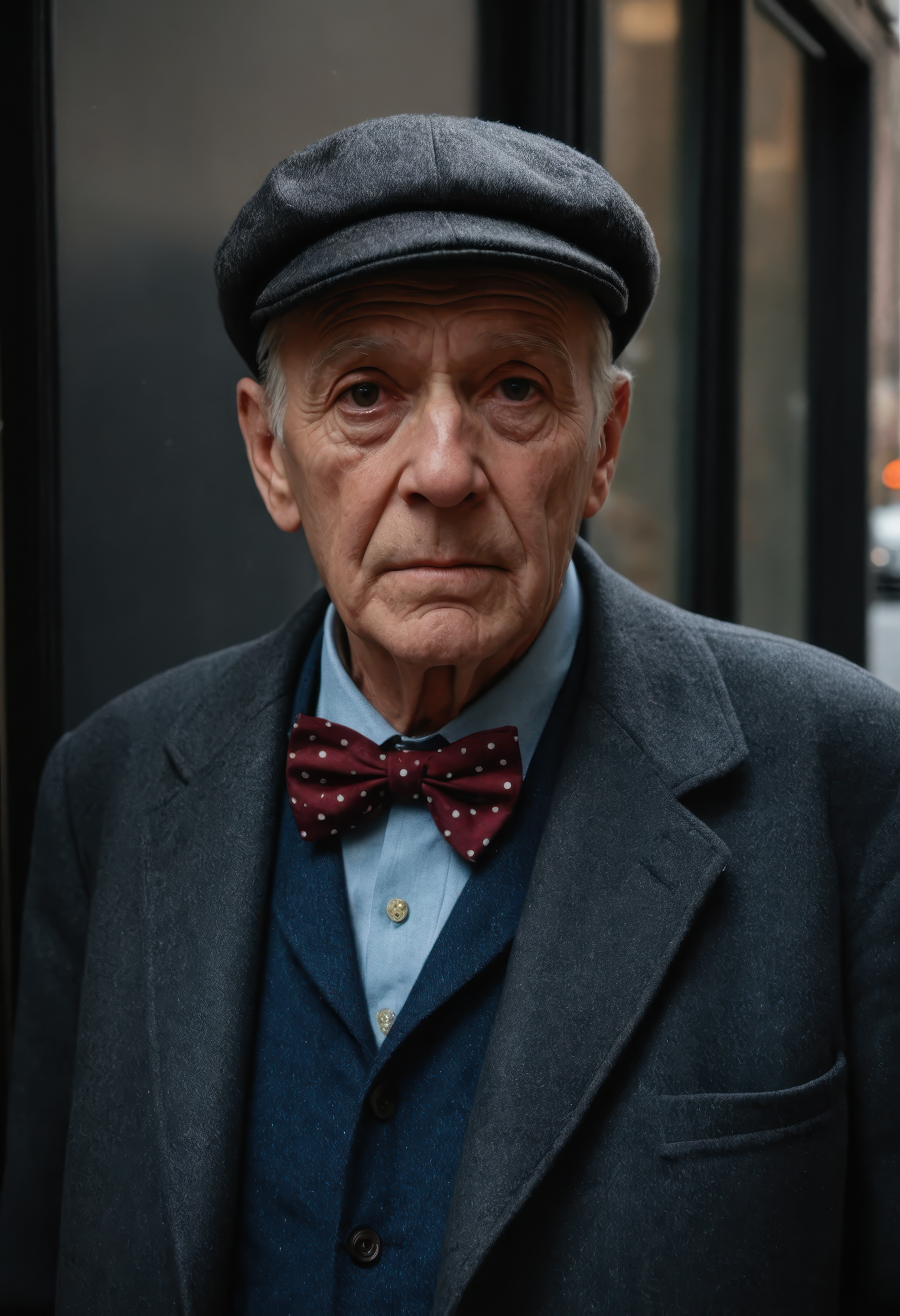 An ultra-realistic 8k RAW portrait of an elderly white man with deeply wrinkled skin, expressive dark eyes, and a solemn expression, wearing a worn dark coat, a powder blue button-up shirt, and a burgundy bowtie with subtle polka dots, topped with a black wool flat cap, standing in a narrow doorway in a bustling or New York street, soft overcast lighting casting natural shadows, analog film grain and muted color palette, medium format lens capturing intense facial texture, emotion, and ambient realism