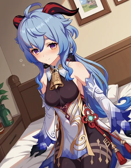 score_9, score_8_up, score_7_up, source_anime,
ganyu, <lora:genshin-ganyu-ingame-ponyxl-lora-nochekaiser:1>,
ganyu, blue hair, goat horns, horns, long hair, purple eyes, sidelocks, smile,
gloves, bare shoulders, detached sleeves, black gloves, bell, bodysuit, neck bell, black bodysuit, vision \(genshin impact\), bodystocking, cowbell, chinese knot,
indoors, bed, bed room, on side, blush, drunk,
looking at viewer, cowboy shot, dutch angle,