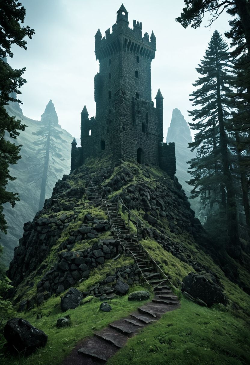 <lora:TheWeirdies_epoch_10:0.78>, epiCPhotoGasm-colorfulPhoto  , advntr ,
score_9, score_8_up, score_7_up, score_6_up
Durlag's Tower was a large tower that was said to be haunted by a powerful entity, as well as one that housed immeasurable treasure. ((game of thrones aesthetic, cinema still from dynamic scene)), The fortress was located south of the Wood of Sharp Teeth, a couple of miles from the small settlement of Gullykin. The tower was built entirely of volcanic stone and was in fair condition given the amount of time and neglect involved. It laid atop a volcanic plug that dominated the surrounding lands. Durlag Trollkiller, aided by hired dwarves, was said to have hollowed out the mountain for the rock that made up his tower and used the space created to hide further treasure. This local landmark was the isolated keep of Durlag Trollkiller, son of Bolhur the Clanless,  Many adventurers sought his treasure over the decades, with varying degrees of success. Around 1372 DR, rumors said a fiend had taken up residence within the remains of the tower and used the defenses created by Durlag to keep both itself and the treasure safe. Some claimed that this creature was a lich.
no humans
((massively large towering fortress, dark woods surround, built of volcanic stone, mountain, dark, ballistas on the battlements))