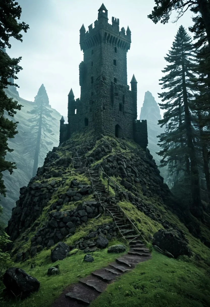 <lora:TheWeirdies_epoch_10:0.78>, epiCPhotoGasm-colorfulPhoto , advntr ,
score_9, score_8_up, score_7_up, score_6_up
Durlag's Tower was a large tower that was said to be haunted by a powerful entity, as well as one that housed immeasurable treasure. ((game of thrones aesthetic, cinema still from dynamic scene)), The fortress was located south of the Wood of Sharp Teeth, a couple of miles from the small settlement of Gullykin. The tower was built entirely of volcanic stone and was in fair condition given the amount of time and neglect involved. It laid atop a volcanic plug that dominated the surrounding lands. Durlag Trollkiller, aided by hired dwarves, was said to have hollowed out the mountain for the rock that made up his tower and used the space created to hide further treasure. This local landmark was the isolated keep of Durlag Trollkiller, son of Bolhur the Clanless, Many adventurers sought his treasure over the decades, with varying degrees of success. Around 1372 DR, rumors said a fiend had taken up residence within the remains of the tower and used the defenses created by Durlag to keep both itself and the treasure safe. Some claimed that this creature was a lich.
no humans
((massively large towering fortress, dark woods surround, built of volcanic stone, mountain, dark, ballistas on the battlements))