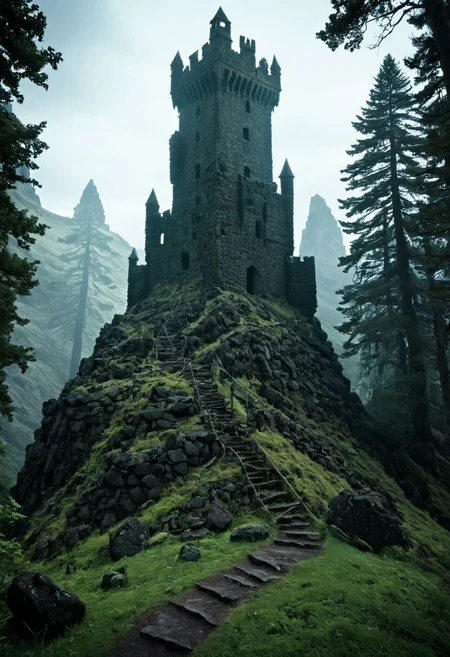 <lora:TheWeirdies_epoch_10:0.78>, epiCPhotoGasm-colorfulPhoto  , advntr ,
score_9, score_8_up, score_7_up, score_6_up
Durlag's Tower was a large tower that was said to be haunted by a powerful entity, as well as one that housed immeasurable treasure. ((game of thrones aesthetic, cinema still from dynamic scene)), The fortress was located south of the Wood of Sharp Teeth, a couple of miles from the small settlement of Gullykin. The tower was built entirely of volcanic stone and was in fair condition given the amount of time and neglect involved. It laid atop a volcanic plug that dominated the surrounding lands. Durlag Trollkiller, aided by hired dwarves, was said to have hollowed out the mountain for the rock that made up his tower and used the space created to hide further treasure. This local landmark was the isolated keep of Durlag Trollkiller, son of Bolhur the Clanless,  Many adventurers sought his treasure over the decades, with varying degrees of success. Around 1372 DR, rumors said a fiend had taken up residence within the remains of the tower and used the defenses created by Durlag to keep both itself and the treasure safe. Some claimed that this creature was a lich.
no humans
((massively large towering fortress, dark woods surround, built of volcanic stone, mountain, dark, ballistas on the battlements))