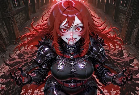 very aesthetic, masterpiece, best quality, highres, absurdres, amazing quality, high resolution, medieval background, detailed eyes, perfect eyes, expressive eyes, Expressiveh, vivid colors, realistic lighting, perfect anatomy, addmicrodetails, ultra detailed face, ultra detailed eyes
Red Eyes, long hair, red hair, pale skin, voluptuous, cellulite, chubby, large breasts, ((uneven eyes)), freckles, crazy eyes, wide hips
black medieval armor, black armor, black gloves, sharp fingers, black gauntlets, dark red leather straps, black fur cloak, black fur collar, black leggings, black pauldrons, black shirt, button up shirt, button down shirt, gambeson
absurdres, highres, anime, anime style, ExcessiveAnimeNosebleed, nose bleed, bleed, excessive nose bleed, blood, nosebleed,