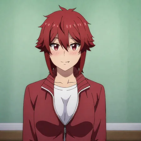 <lora:Tomo_pony_v1:.8>TomoTracksuit, 1girl, red hair, track jacket, red eyes, fang, white shirt, breasts, hair between eyes, track suit, short hair, collarbone, red jacket, long sleeves, cowboy shot