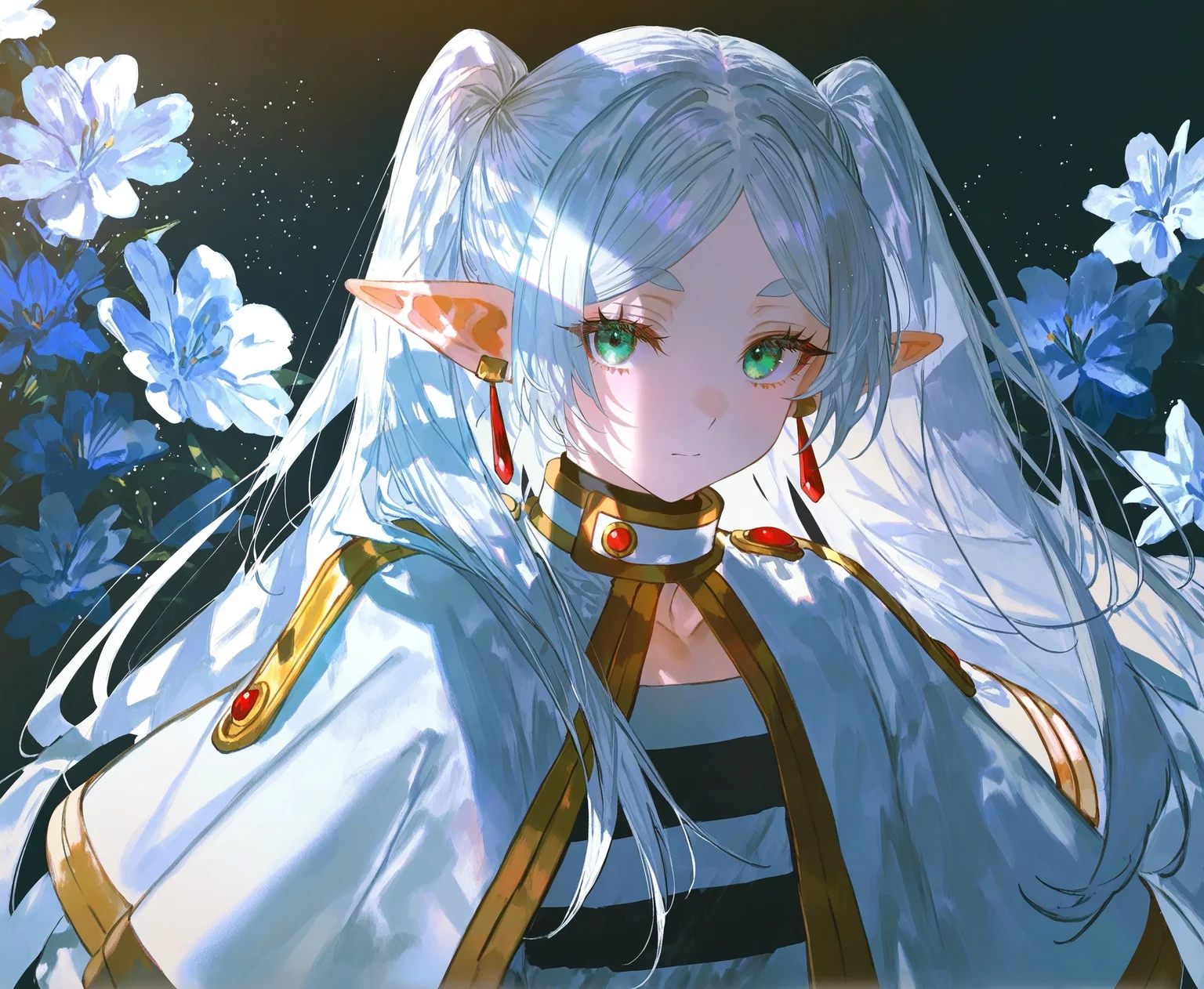 artist:john kafka,artist:rei \(sanbonzakura\),artist:fuzichoco,artist:betabeet,artist:quasarcake,artist:diyokama,
best quality, amazing quality, very aesthetic, absurdres, best quality, masterpiece, newest,
1girl,frieren,mature female,tall female,
looking at viewer,light particles,dark theme,looking at another,shade,floral background, score_9,score_8_up,score_7_up