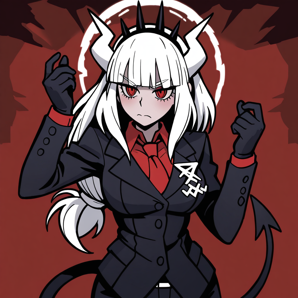 masterpiece, best quality, newest, absurdres, highres, anime, anime style, DDVirtue-V1.1, halo, 1girl, lucifer \(helltaker\), black suit, red necktie, black collared shirt, black gloves, blunt bangs, demon horns, demon girl, demon tail, red eyes, white hair, long hair