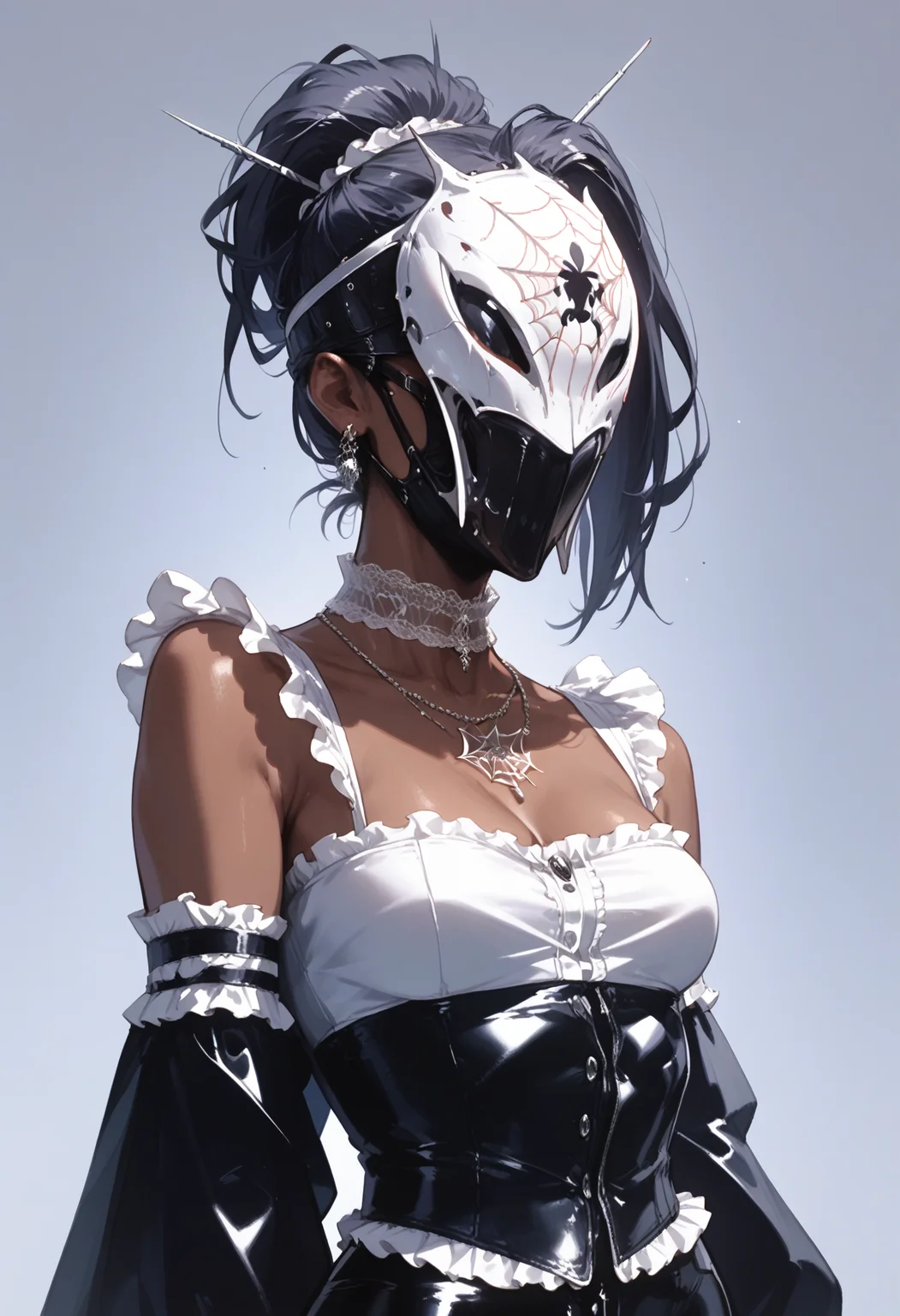 score_9, score_8_up, score_7_up score_9, score_8_up, score_7_up, score_6_up, score_5_up, score_4_up,
<lora:SinisterMasksV3:0.8>, (m4sk, mask, covered eyes),
1girl, solo, ponytail, simple background, dark skin, necklace, dark-skinned female, frilled tube top, Posing as if caught in a spider web