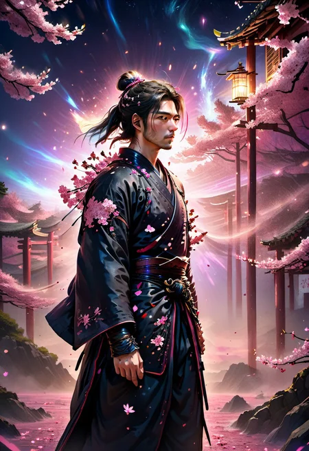 score_9, score_8_up, score_8, full color painting of samurai portrait, pink sakura trees background, petals on the wind, far view, night time, stars in the sky, landscape, dramatic lights, sparkles around, insane details, intricate details, hyperdetailed, soft cinematic light, dim colors, exposure blend, hdr,