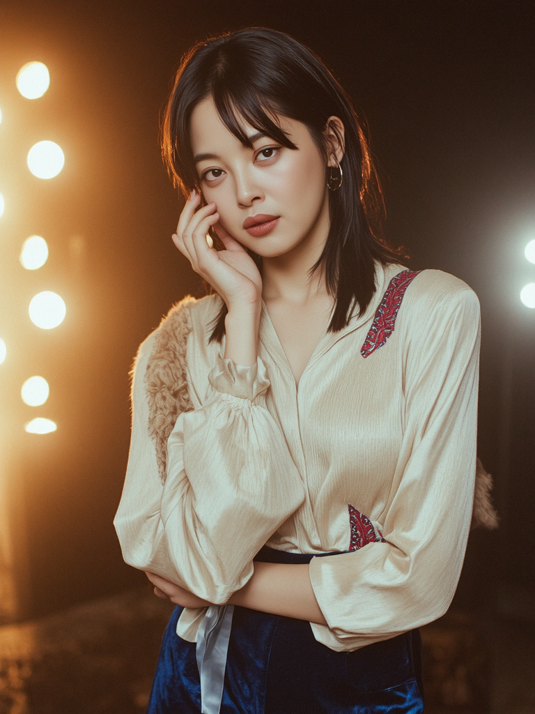 There are wonderful studio lights and various reflections,her thin face is very delicate,
18yo beautiful cute girl with blushing and female orgasm.skin naturally showing the texture of blood vessels and detailed pale skin,looking at viewer,
cowboy shot,full body,--,
--,<lora:Xin_Zhilei_f1_rank2_bf16:1>,she is Xin Zhilei,
--, A 1970s-inspired beauty in highâwaisted velvet flared trousers and a silk charmeuse blouse with billowing sleeves, draped in a cropped fauxâfur stole, shot in a sepiaâtoned studio with gentle filmâgrain texture and warm spotlight on her face â retro glamour reimagined with luxe textures and poised elegance.