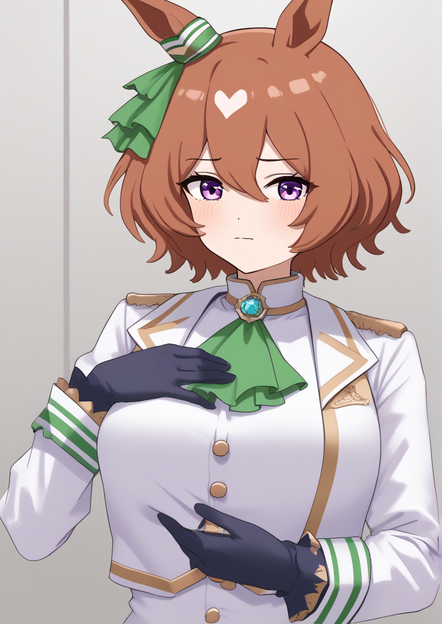 1girl, mejiro ardan (neige emeraude) (umamusume), mejiro ardan (umamusume), huge breast, , animal ears, ascot, black gloves, breasts, brooch, closed mouth, gloves, green ascot, hair bun, hand on own chest, horse ears, horse girl, jacket, jewelry, light blush, long sleeves, looking at viewer, purple eyes, shirt, short hair, solo, upper body, vest, white jacket, white shirt, white vest, , handfixer <lora:HandFixer_pdxl_Incrs_v1:1>  <lora:Fried_Bocky:0.9>