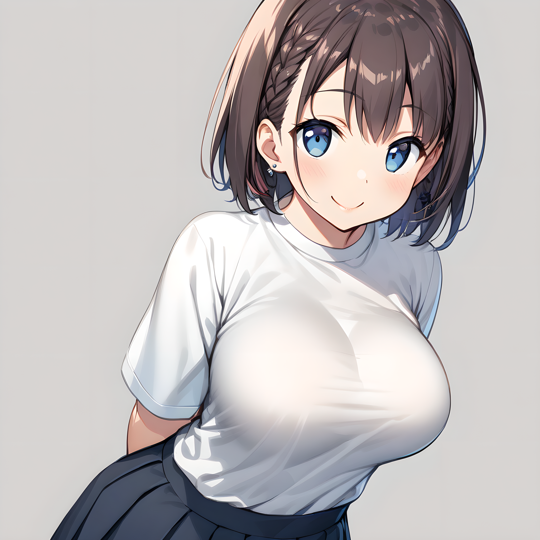 ai-chan(tawawa), 1girl, solo, breasts, braid, skirt, brown hair, large breasts, smile, short hair, shirt, looking at viewer, arms behind back, blue eyes, side braid, white shirt <lora:XL-Ai-chan(Tawawa):1>