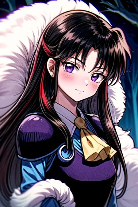 masterpiece, best quality 1girl Setsun4 solo long hair, (night time) forest background black hair very long hair purple eyes multicolored hair armor (fur trim) (medium body),<lora:EMS-179-EMS:0.800000>,<lora:EMS-293862-EMS:0.800000> bow, hair_bow, hair_tubes, red_bow, brown_hair, long_hair, bangs, ascot, frilled_bow, yellow_ascot, blush, smile, hair_between_eyes, athletic, armor, miko