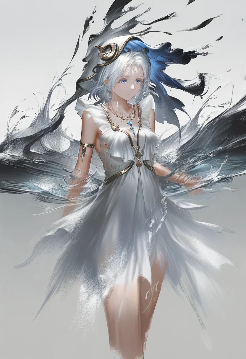 1girl, solo, dress, white background, white dress, jewelry, blue eyes, white hair, water, breasts, necklace, simple background, armlet, closed mouth, sleeveless dress, sleeveless <lora:YLXL_NBVP1_lokr_V6311P:0.95>