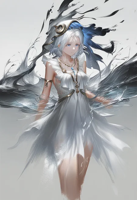 1girl, solo, dress, white background, white dress, jewelry, blue eyes, white hair, water, breasts, necklace, simple background, armlet, closed mouth, sleeveless dress, sleeveless <lora:YLXL_NBVP1_lokr_V6311P:0.95>