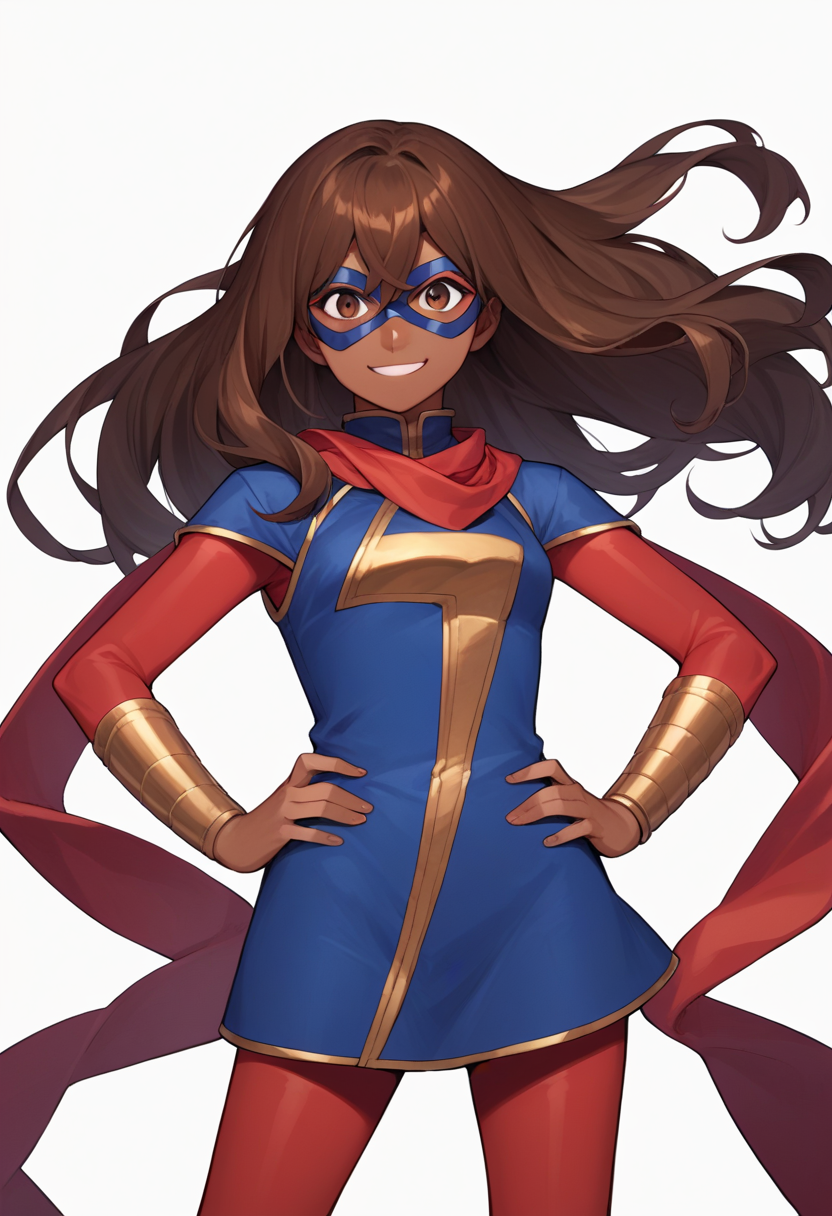 score_9, score_8_up, source_anime,
1girl, kamalakhan, brown hair, long hair, brown eyes, dark skin, mask,
red scarf, blue short dress, red bodysuit, red pantyhose, bracers,
hands on hips, smile, looking at viewer,  solo, simple background, white background     <lora:KamalaKhanXL-000012:1>