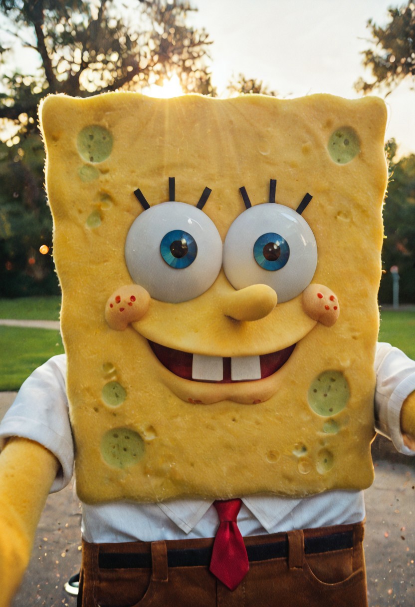 (Masterpiece, Best Quality, Highres:1.2), RAW photo, photorealistic, cinematic lighting, realistic, extremely detailed, dramatic lighting, candid, authentic [candid selfie of spongebob (blue eyes, brown pants, red tie, white shirt, yellow skin) posing for Instagram photo] on a park remarkable colors, ultra realistic, highly detailed, OverallDetail, hyper-detailed hypermaximalist dynamic style,