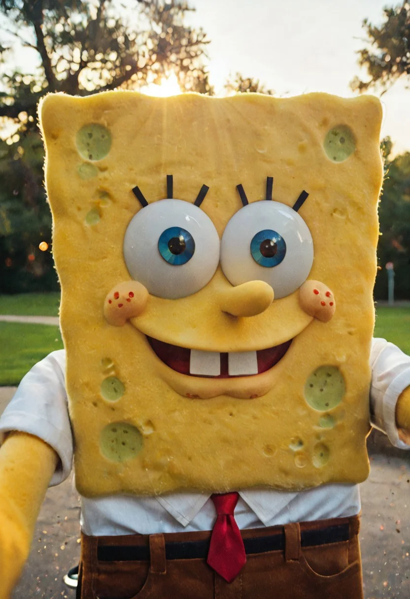 (Masterpiece, Best Quality, Highres:1.2), RAW photo, photorealistic, cinematic lighting, realistic, extremely detailed, dramatic lighting, candid, authentic [candid selfie of spongebob (blue eyes, brown pants, red tie, white shirt, yellow skin) posing for Instagram photo] on a park remarkable colors, ultra realistic, highly detailed, OverallDetail, hyper-detailed hypermaximalist dynamic style,
