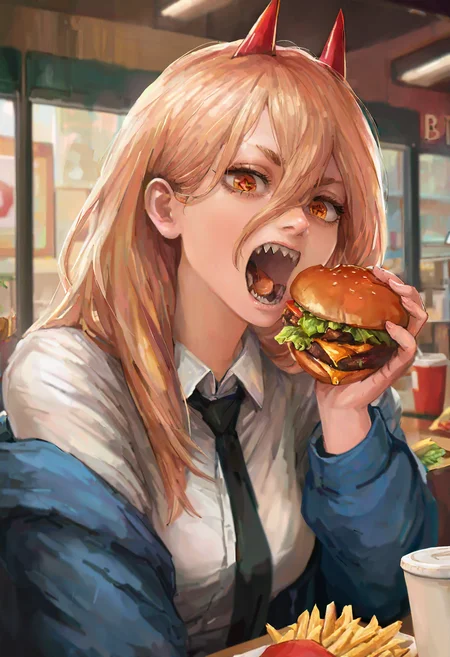 1girl, solo, burger, (power (chainsaw man)):0.7, holding food, black necktie, cross-shaped pupils, white shirt, open mouth, symbol-shaped pupils, hair between eyes, collared shirt, blue jacket, french fries, eating, restaurant, fast food, lettuce, off shoulder, cup, looking at viewer, upper body
masterpiece, best quality, <lora:miche-guy90-Illust-Lycorisv1:1>, miccceh