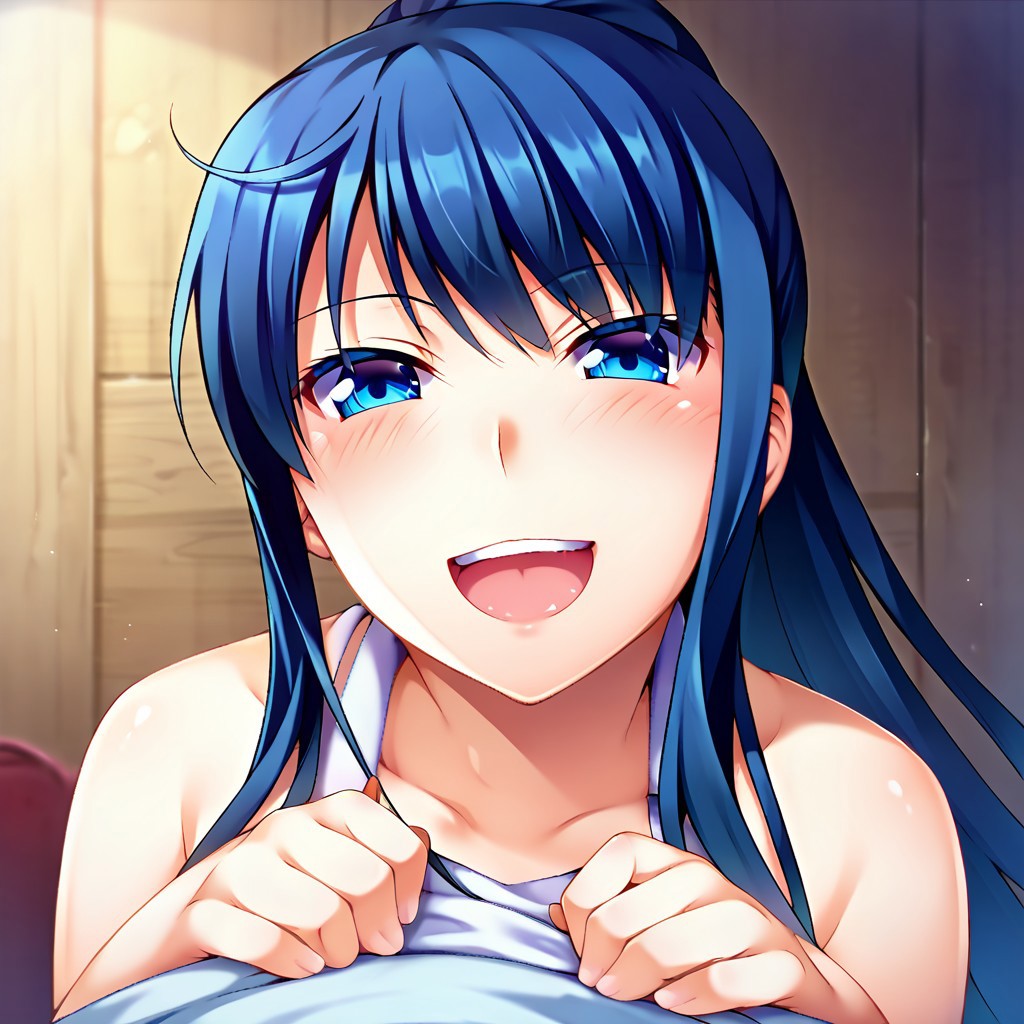 score_9, score_8, score_7, source_anime, kusakabe asako, ponytail, POV, looking at viewer, blush, smile, open mouth, upper teeth only