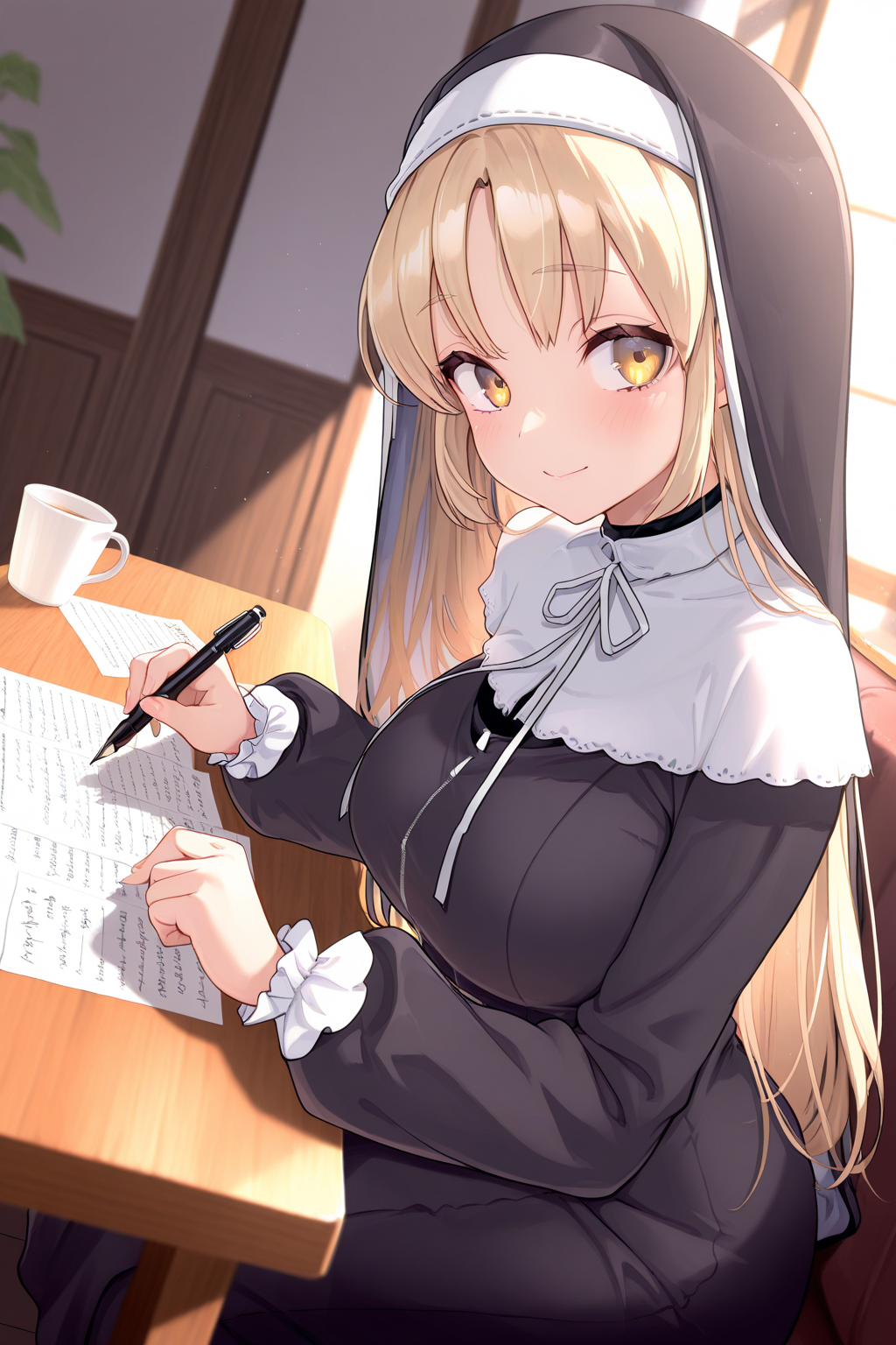 1girl, SisterClaireNijisanji,
general, solo, dynamic angle, 
habit, large breasts,
sitting, holding pen, hand on table,
indoors, table, cup, note,
<lora:kp_SisterClaireNijisanji1stCostumeIllustrious_v1_0:1.0>,
masterpiece, best quality, amazing quality