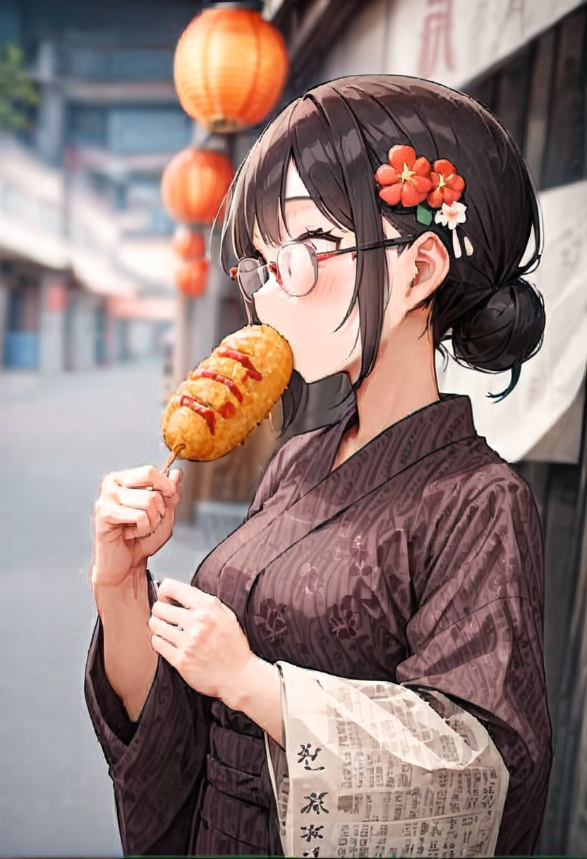 masterpiece, best quality, very aesthetic, absurdres,
1girl, solo, glasses, black hair, food, long hair, blush, holding, holding food, yukata, floral print, hair ornament, hair flower, hair bun, uchiwa, paper fan, blurry background, happy, 
american_dog, ketchup, skewer,  summer, night, paper lantern, 
 <lora:american_dog_SDXL_V1:1>