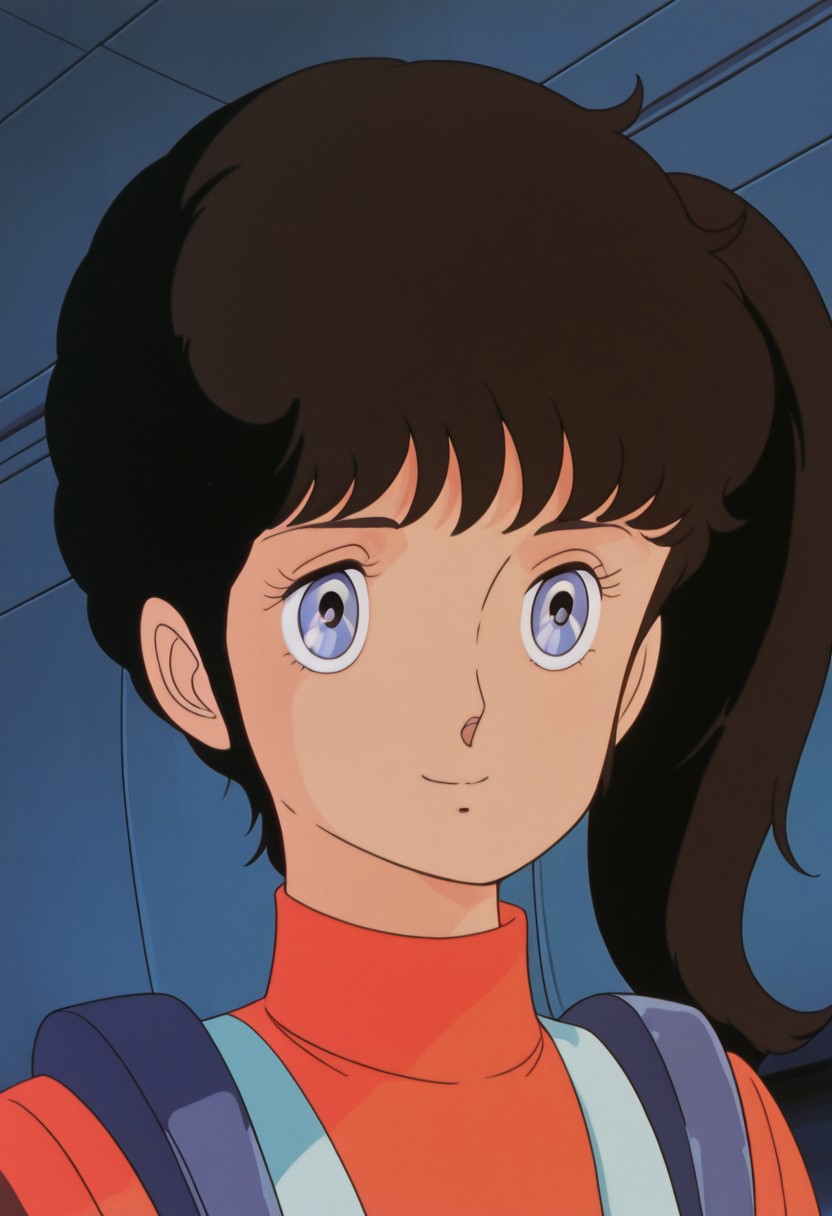 masterpiece, best quality, source_anime,official art,perfect_anatomy,1980s_\(style\),retro_artstyle,anna1996,1girl,blue eyes,brown hair,side ponytail,turtleneck,pilot suit,portrait,looking_at_viewer,smile,indoors,Hangar